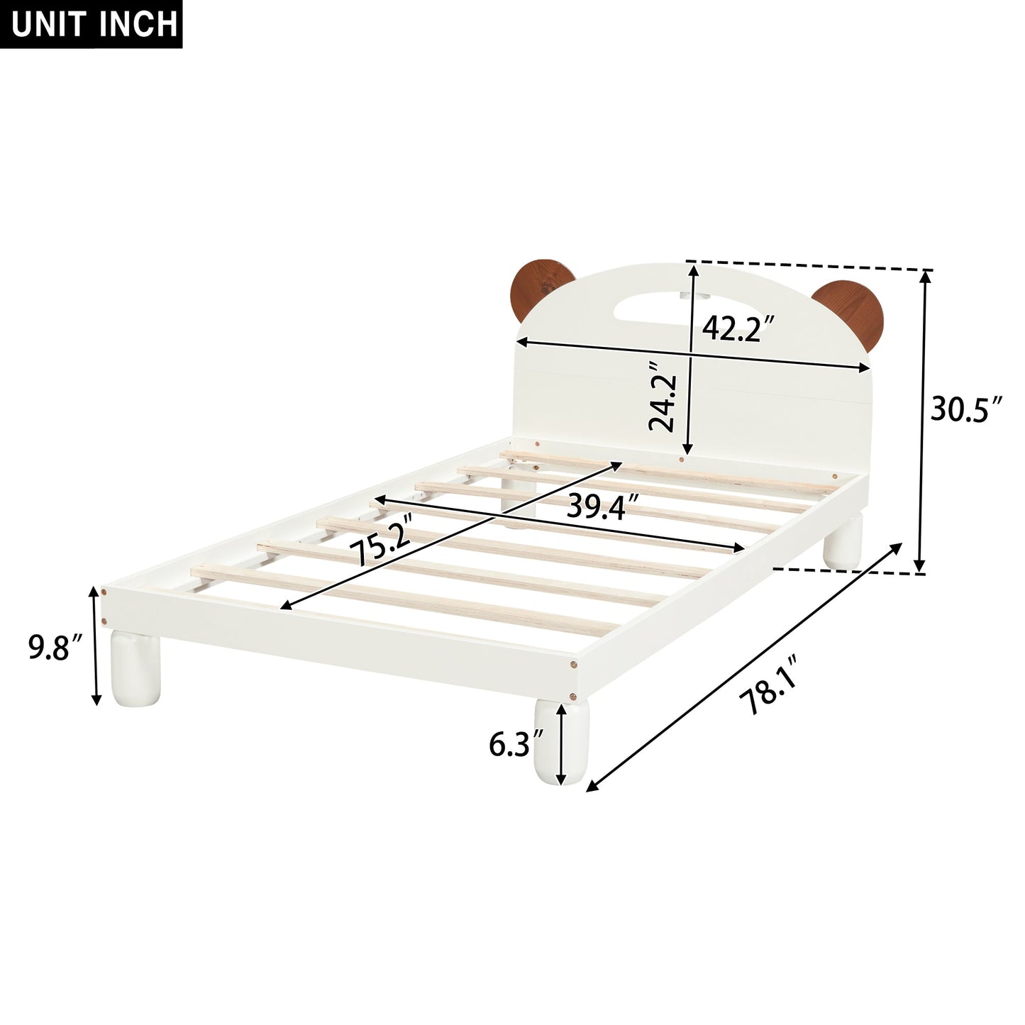Twin Size Platform Bed with Bear Ears Shaped Headboard and LED Cream White - Korvel