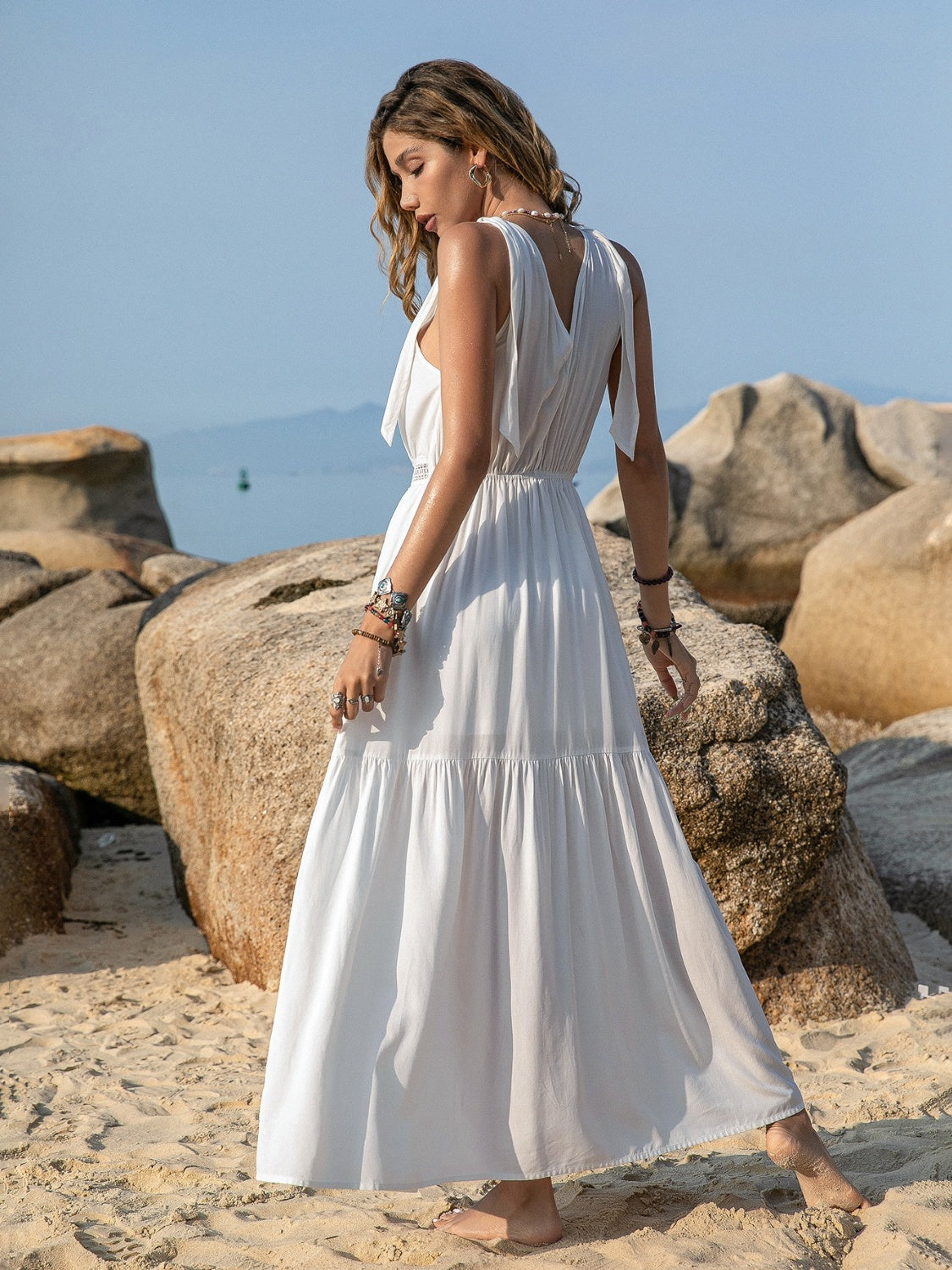 Elegant White V-Neck Tie Shoulder Maxi Dress