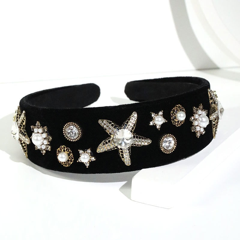 Fashionable velvet pearl black starfish hairband - Korvel