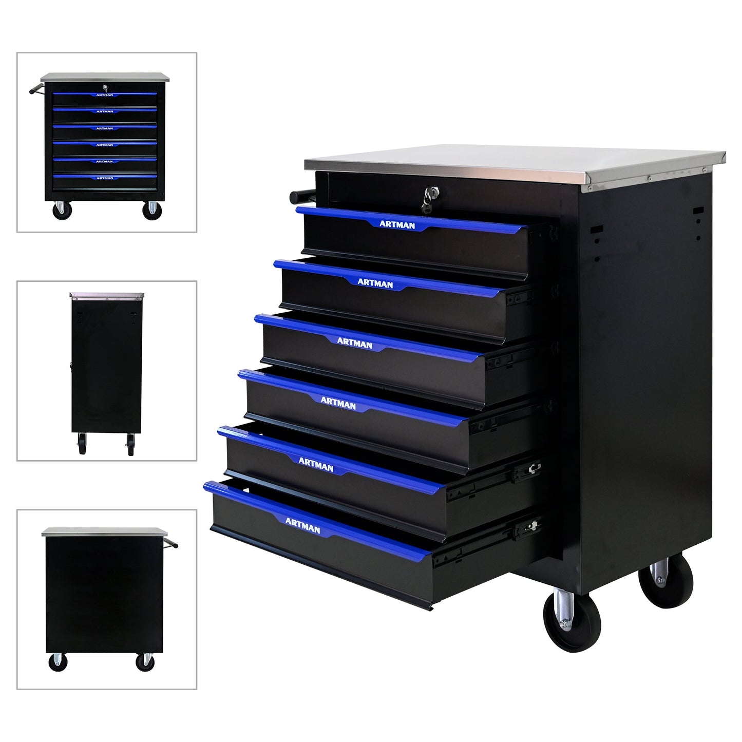 7 DRAWERS MULTIFUNCTIONAL TOOL CART WITH WHEELS-BLACK+BLUE - Korvel