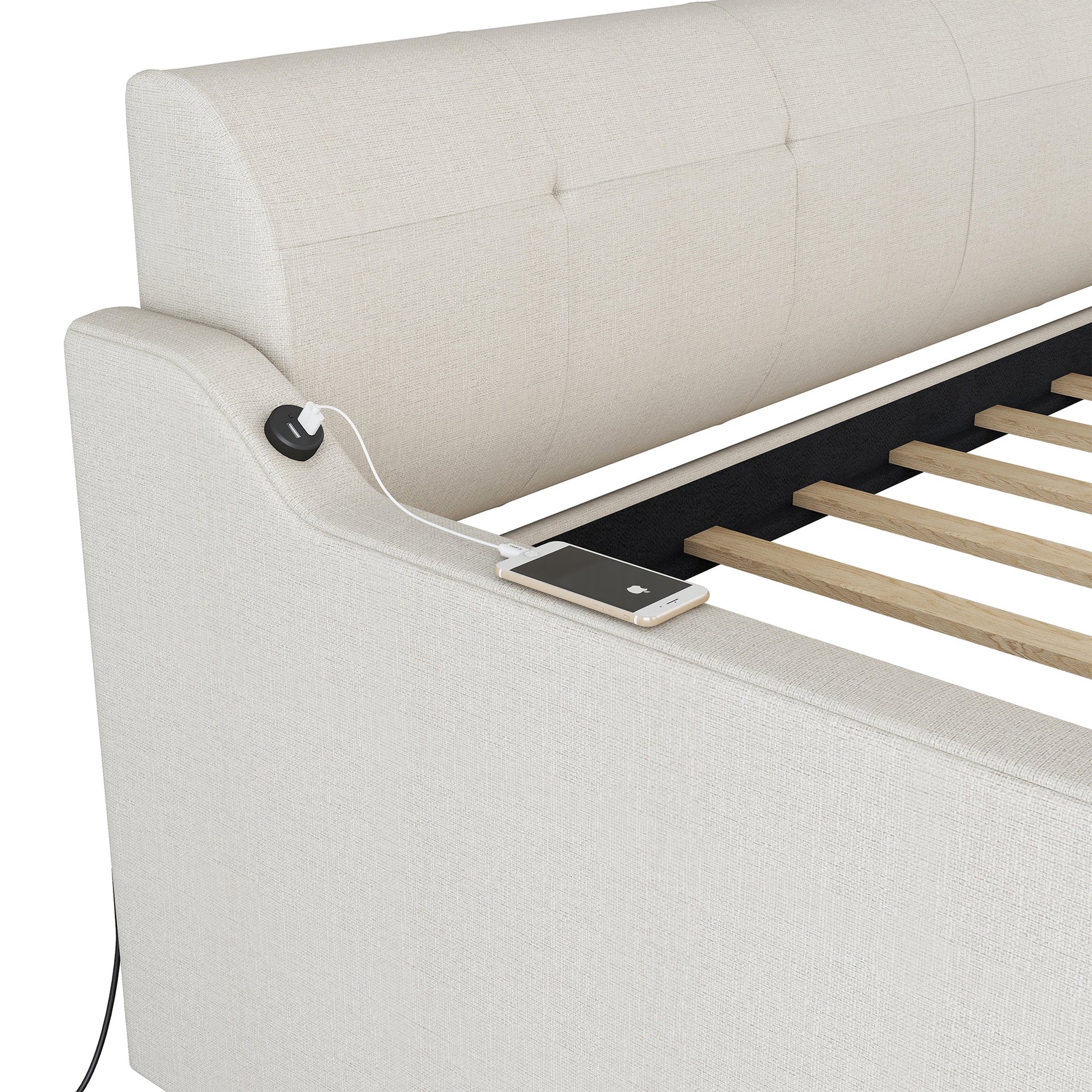 Twin Size Upholstery Daybed with Trundle and USB Charging Design Trundle can be flat or erected Beige - Korvel