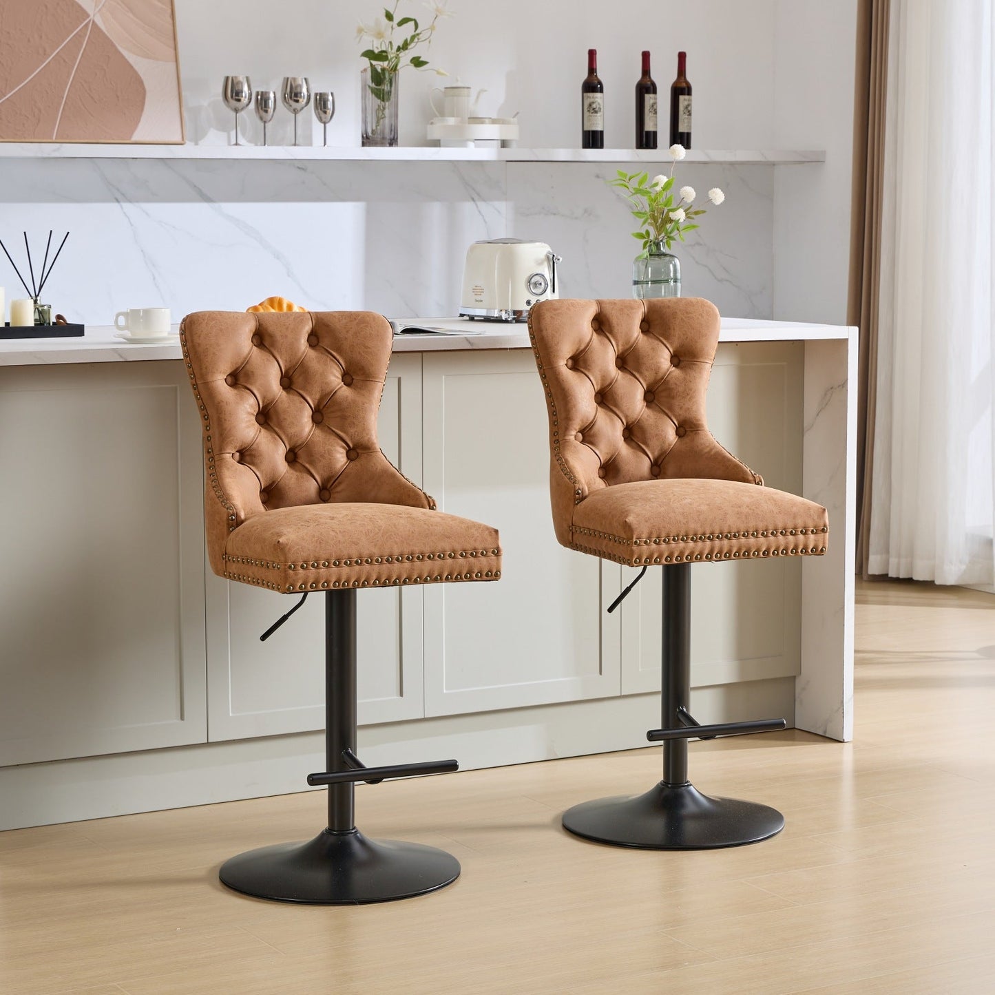Vintage PU rotating bar stool, seat height adjustable from 25-33 inches, modern bar stool (orange, 2-piece set) - Korvel