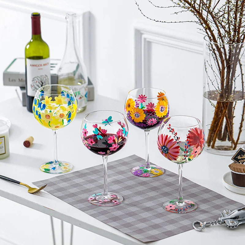 Nordic Colored Glass Wine Glasses Creative Hand-Painted Flowers Wine Glass Household Painted Goblet Crystal Champagne Drinkware - Korvel