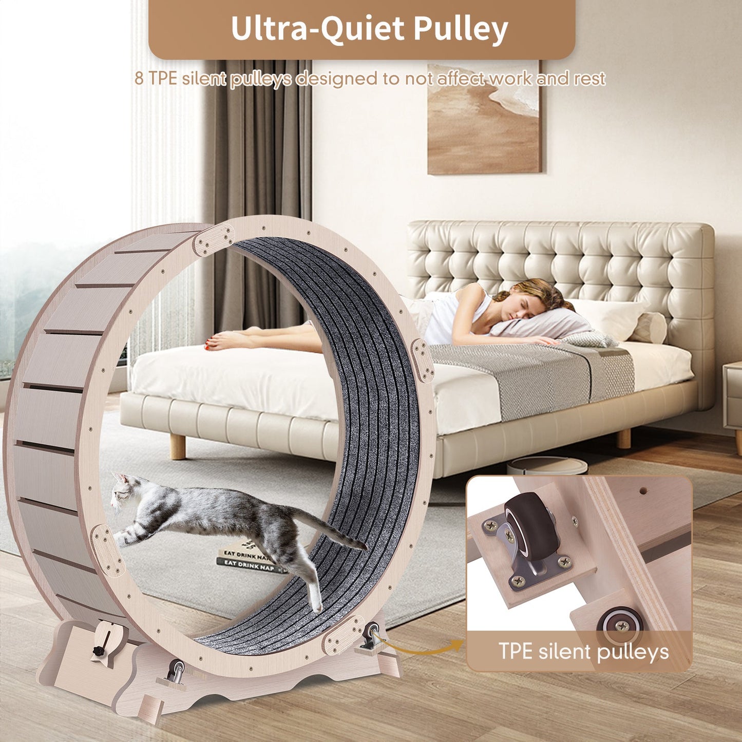 Cat Exercise Wheel for Indoor Cats - Natural Wood Finish