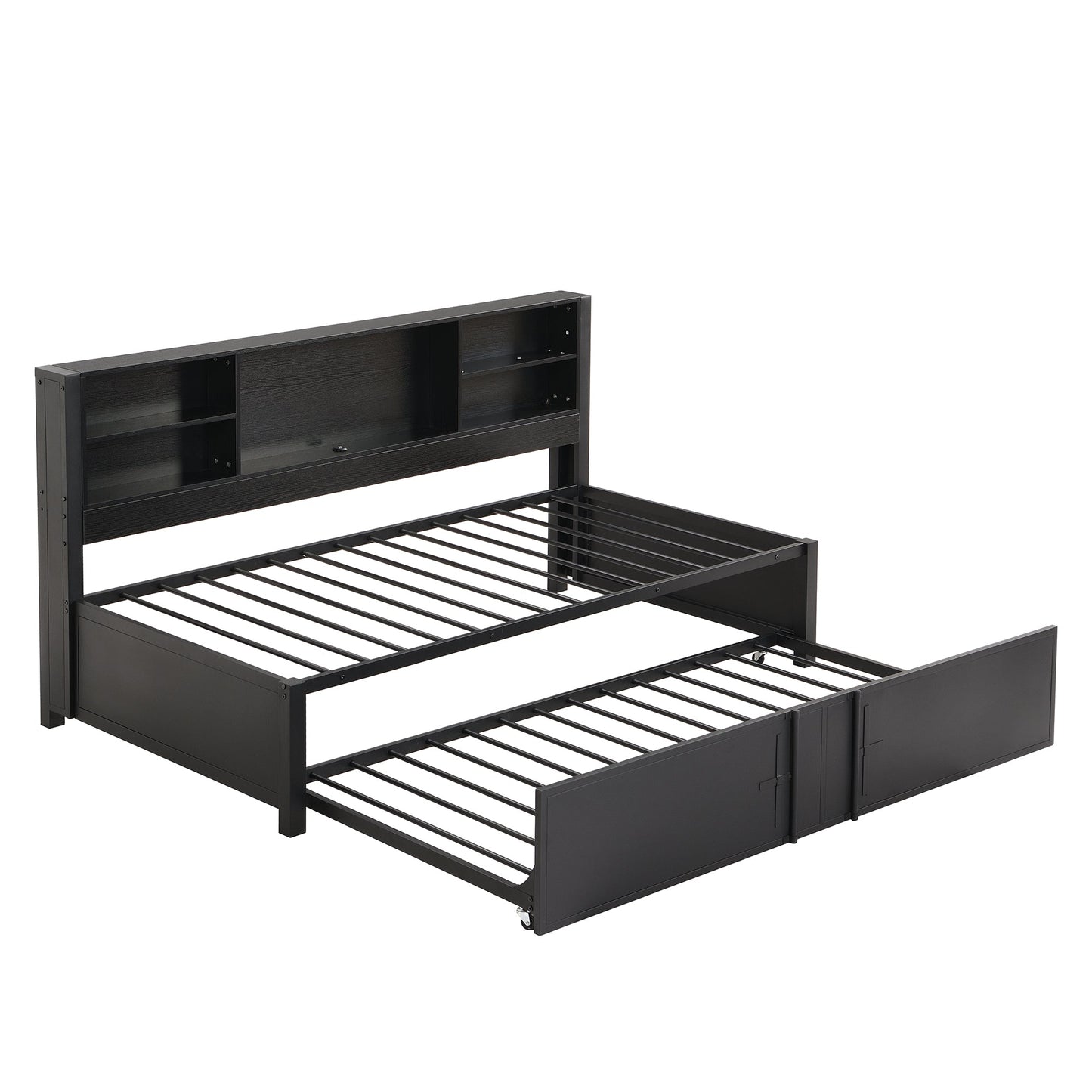 Metal Twin Size Daybed with Trundle, Storage & USB Ports - Black