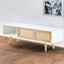 55.12" Rattan TV cabinet double sliding doors for storage adjustable shelf solid wood legs TV console for living room  White - Korvel