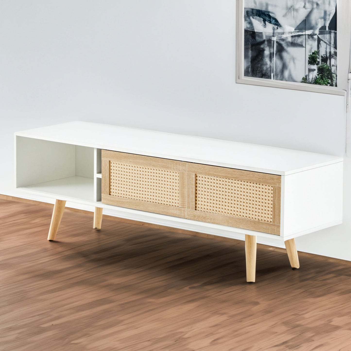 55.12" Rattan TV cabinet double sliding doors for storage adjustable shelf solid wood legs TV console for living room  White - Korvel