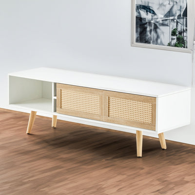 55.12" Rattan TV cabinet double sliding doors for storage adjustable shelf solid wood legs TV console for living room  White - Korvel