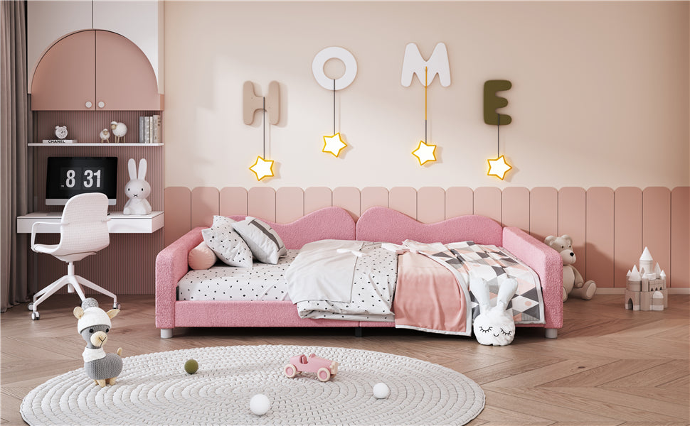 Lit de jour rembourré de taille normale en rose avec dossier en forme de nuage