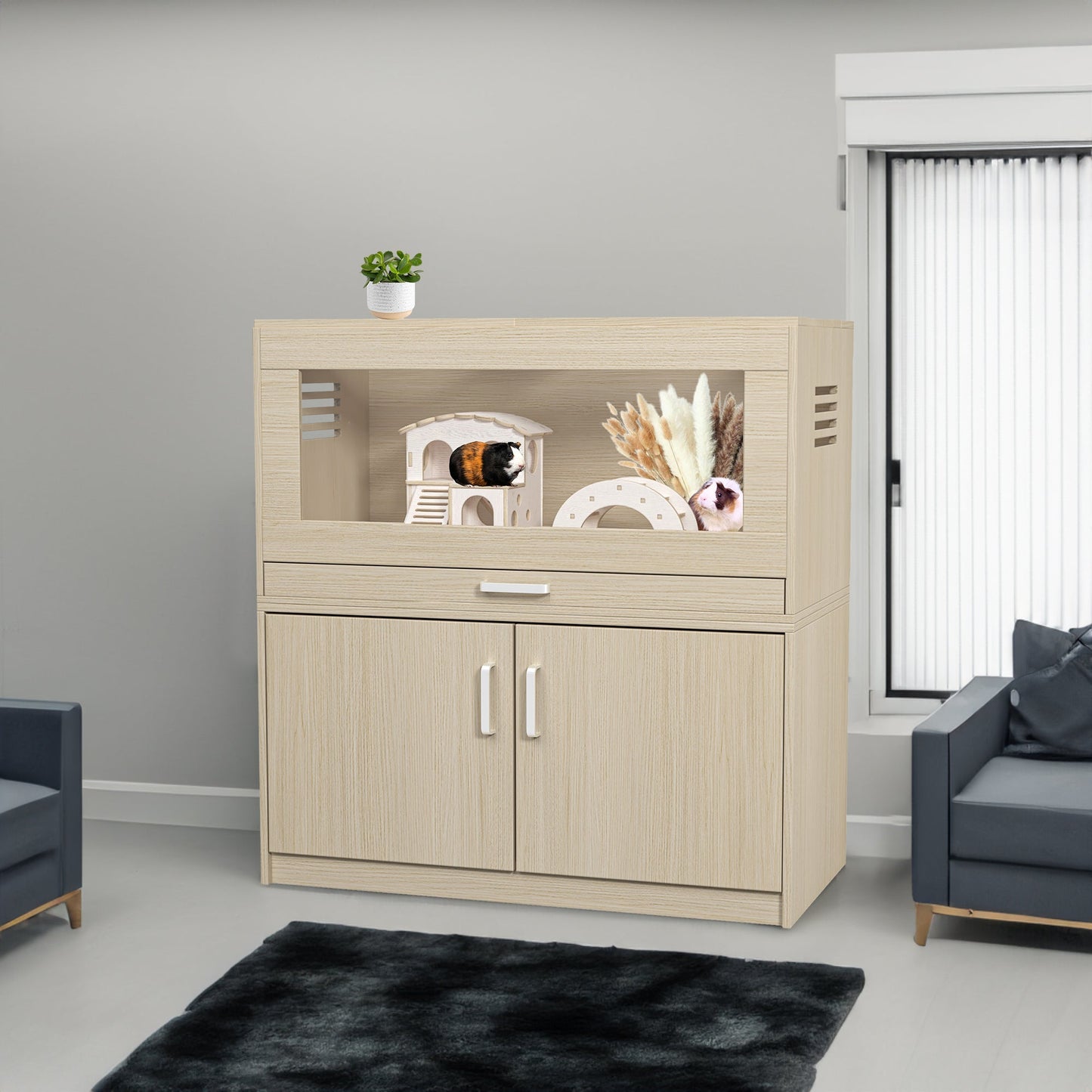 Squirrel cage acrylic panel with independent storage cabinet and wooden guinea pig room with bridge (L 31.50 x W 15.75 x H32.28) - Korvel