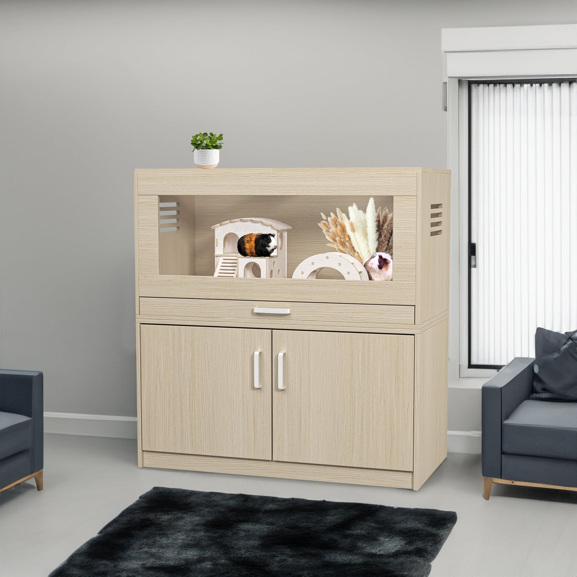 Squirrel cage acrylic panel with independent storage cabinet and wooden guinea pig room with bridge (L 31.50 x W 15.75 x H32.28) - Korvel