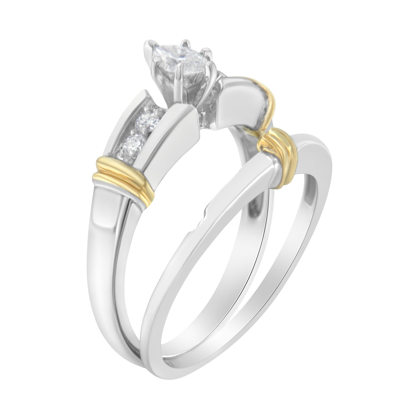 Conjunto de Anillo de Compromiso de Diamante Marquise en Oro Amarillo y Blanco de 14K - Talla 7