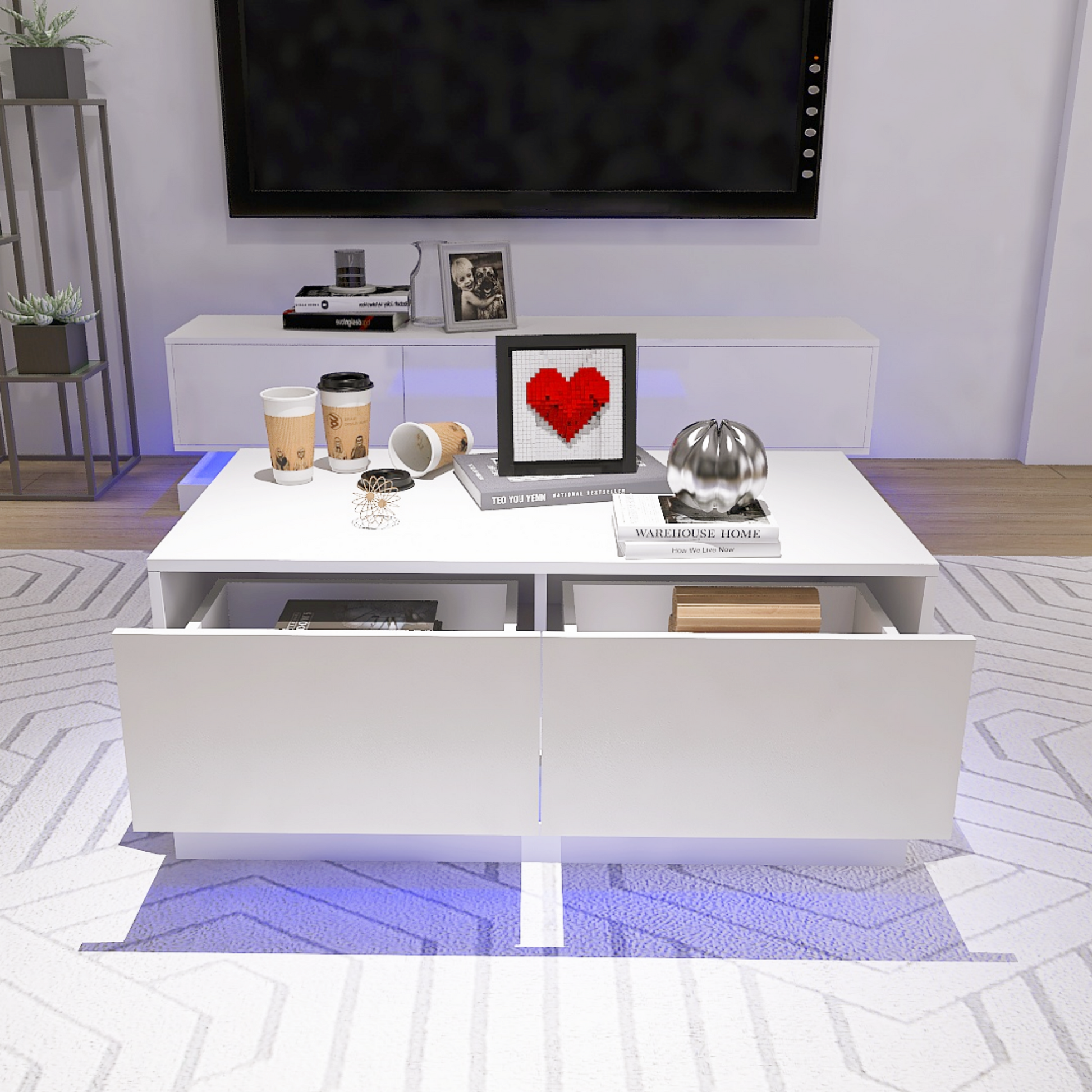 High Glossy Coffee Table with 2 Drawers have RGB Led Light with Buletooth Control - Korvel