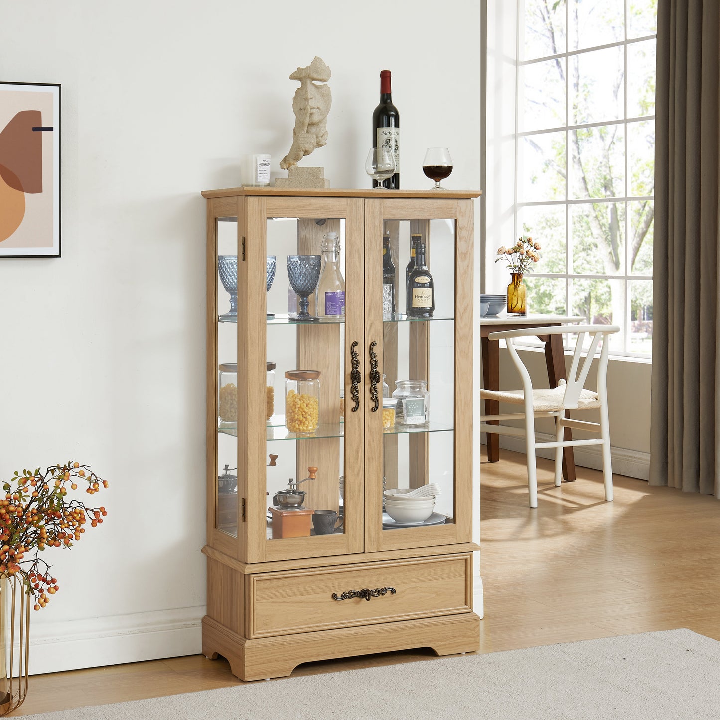 Light colored glass cabinet with adjustable glass frame, including cabinet light bulbs OAK with 2 doors and 1 drawer - Korvel