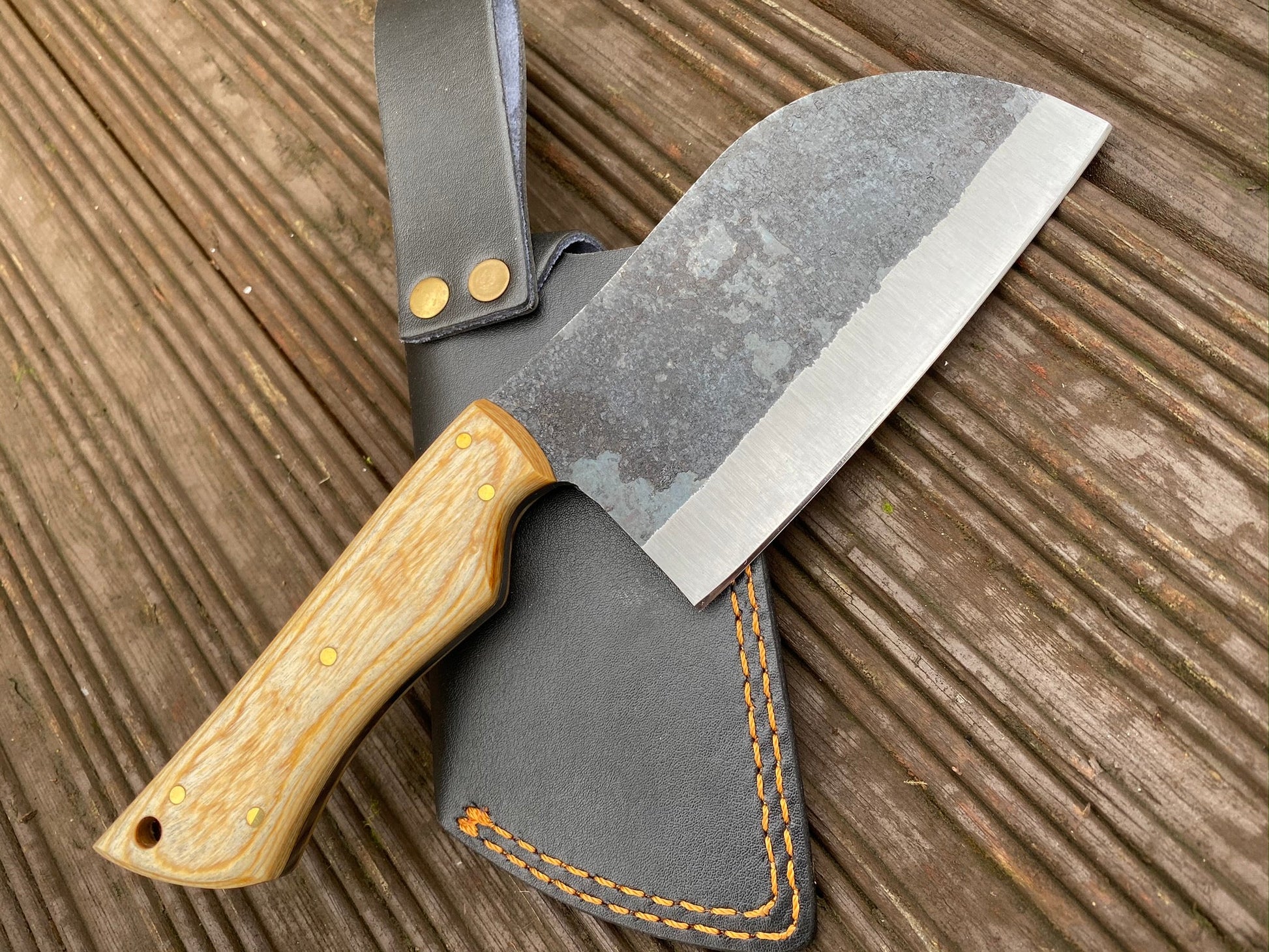 Master Chef's 10-Inch Cleaver Knife - Full Tang 1095 Steel with Oak Handle & Leather Sheath - Korvel