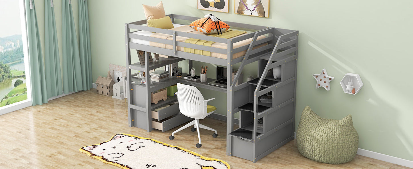 Twin Size Loft Bed with Desk and Shelves Two Built-in Drawers, Storage Staircase Gray - Korvel