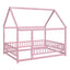 Full Size Floor Wooden Bed with House Roof Frame, Fence Guardrails ,Pink - Korvel