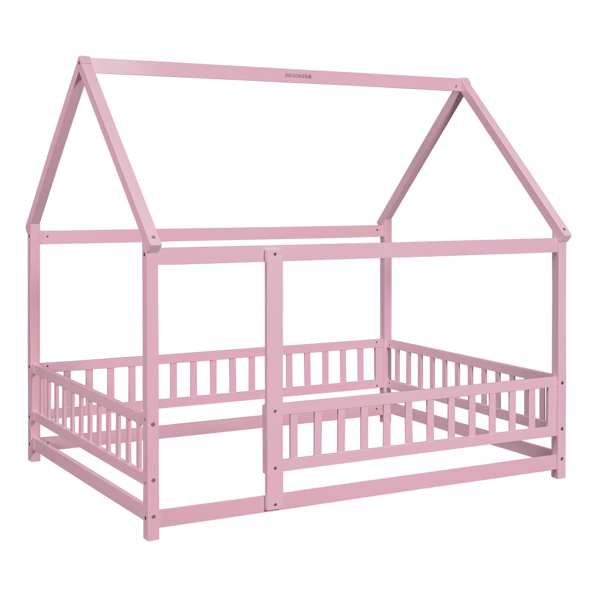 Full Size Floor Wooden Bed with House Roof Frame, Fence Guardrails ,Pink - Korvel