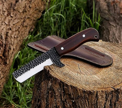 Premium Bull Cutter Knife - 7.5-Inch Full Tang 1095 Steel Blade with Elegant Rosewood Handle & Leather Sheath - Korvel
