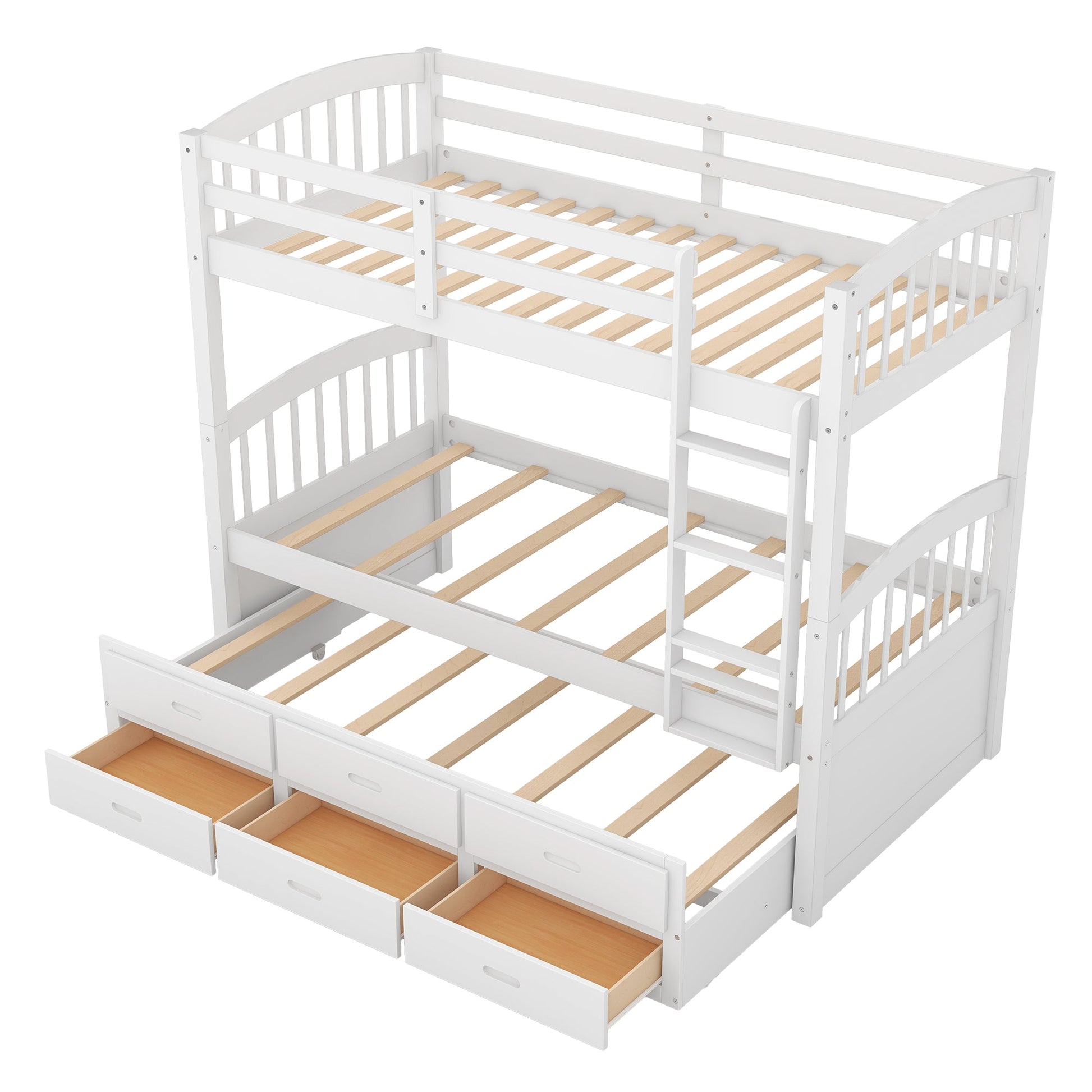 Twin over Twin Wood Bunk Bed with Trundle and Drawers White - Korvel