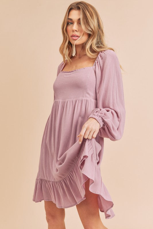 Summer Ruffled Hem Square Neck Balloon Sleeve Mini Dress