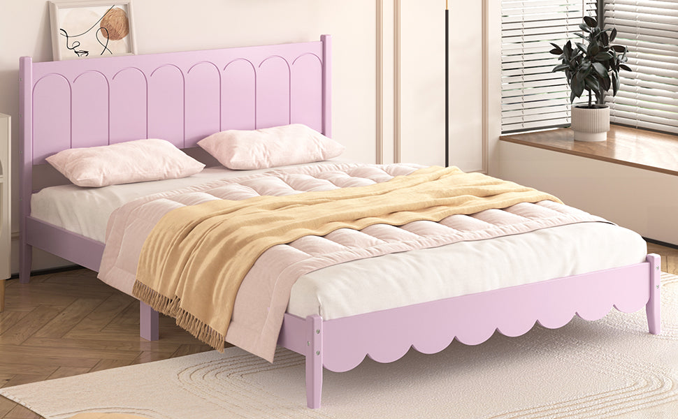 Queen Size Wood Platform Bed Frame, Retro Style Bed with Rectangular Headboard,No Need Box Spring,Pink - Korvel