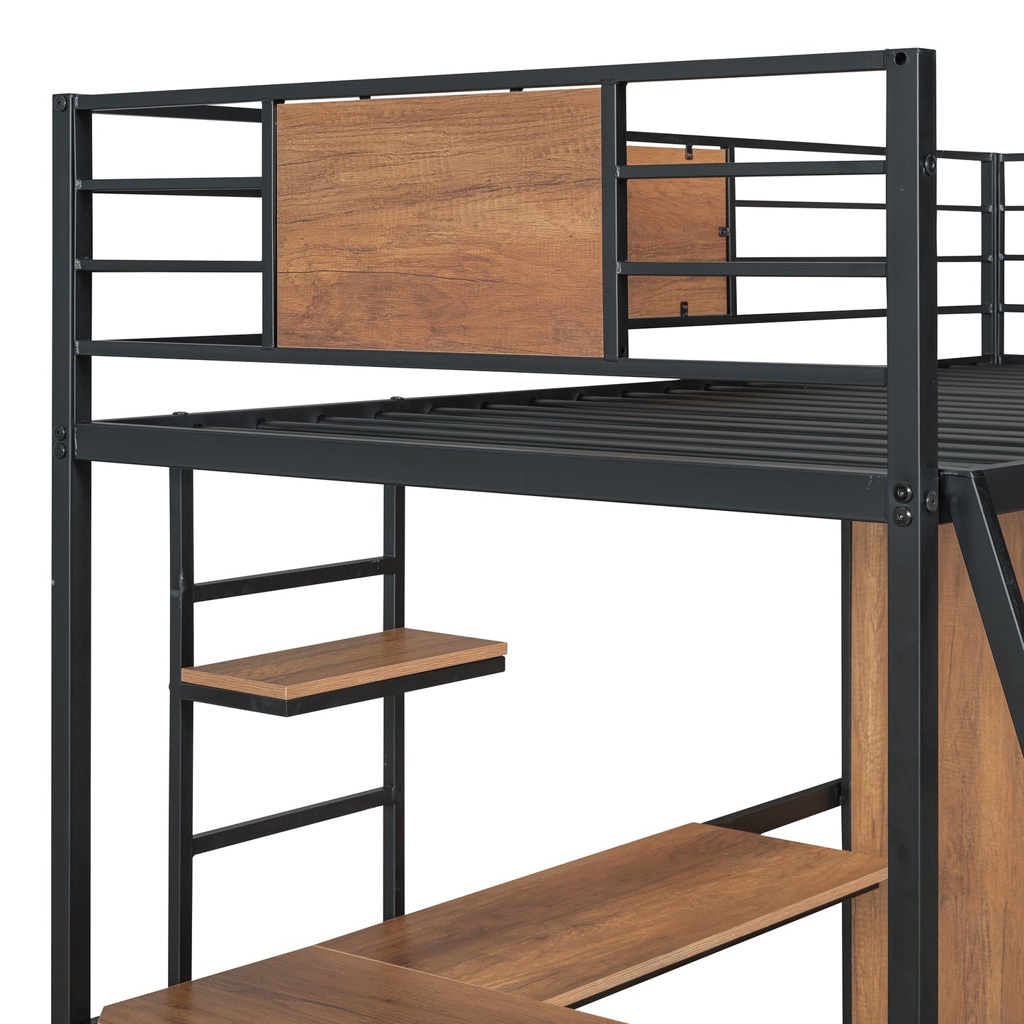Twin Size Loft bed with L-shape Desk and Wardrobe, Black - Korvel