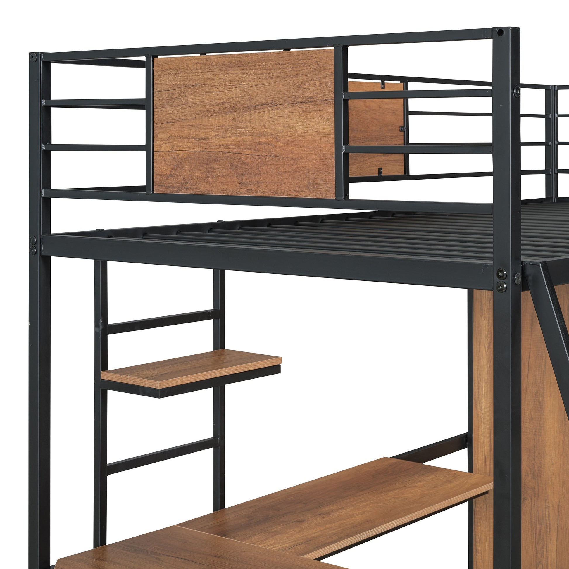 Twin Size Loft bed with L-shape Desk and Wardrobe, Black - Korvel