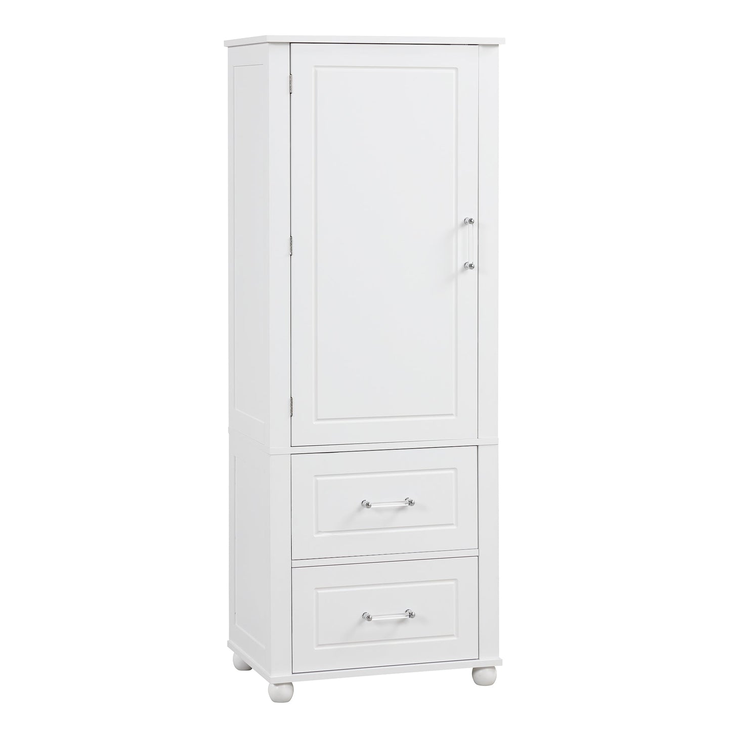 Tall bathroom storage cabinet with two drawers and adjustable shelves for independent storage - Korvel