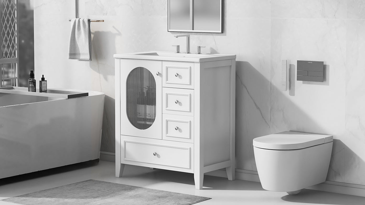 30" Bathroom Vanity with Sink, Bathroom Vanity Cabinet with Three Drawers and Door, Solid Wood and MDF, White - Korvel