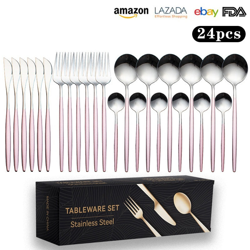 Cutlery Set Stainless Steel Knife Fork Set 24-Piece Tableware Set Golden Steak Knife Fork Spoon 6-Person Set - Korvel