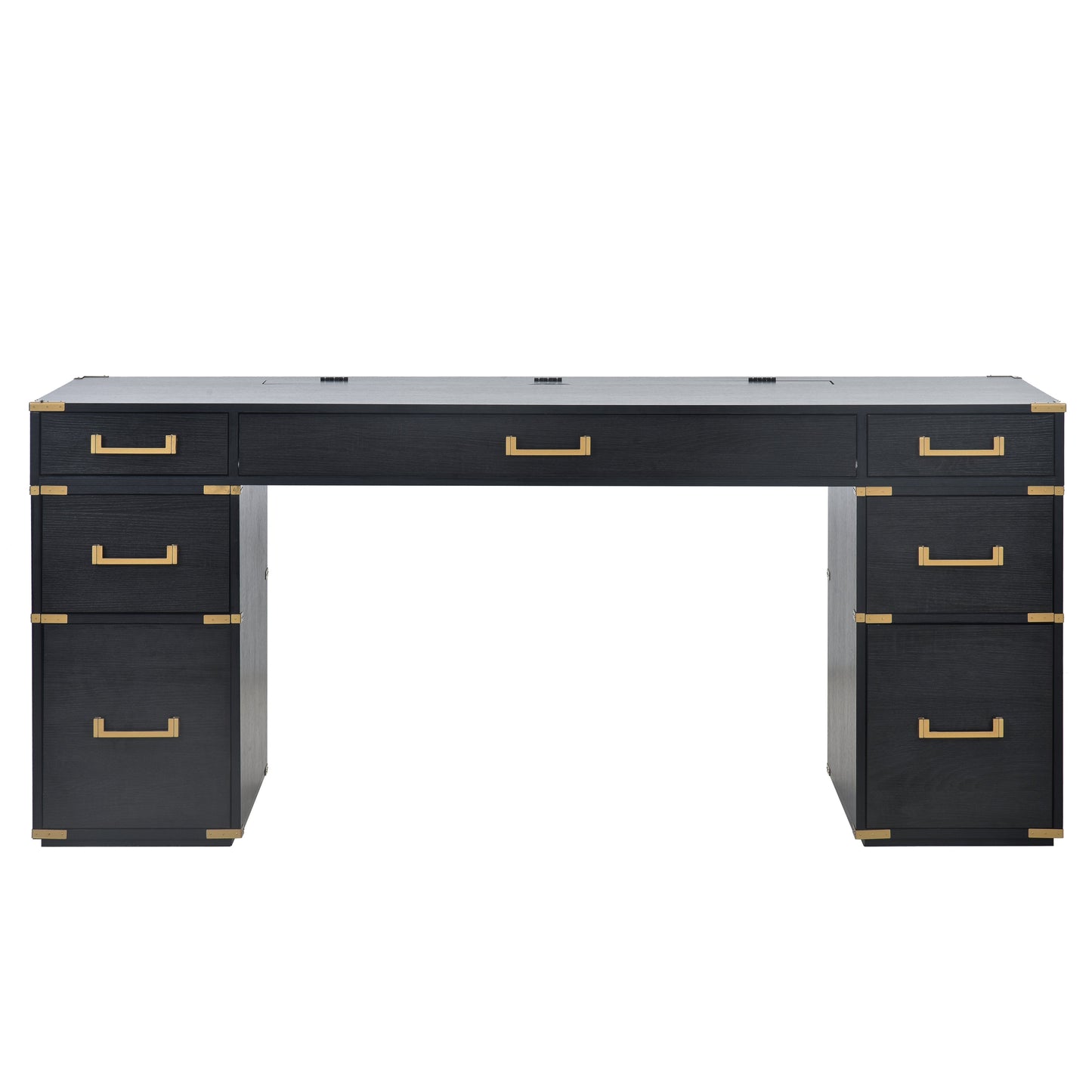 70 inch classic and traditional executive desk with metal trim, writing desk with 2 file drawers, USB ports, and sockets, black - Korvel