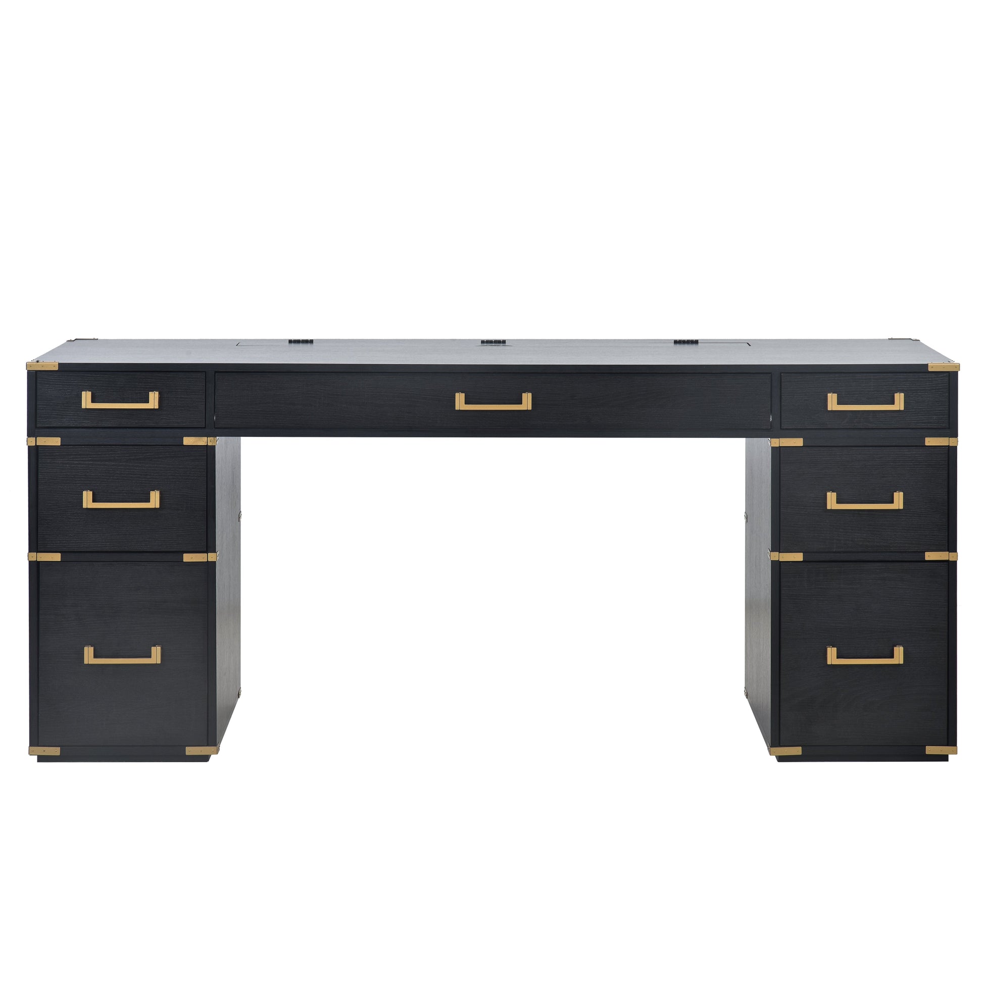 70 inch classic and traditional executive desk with metal trim, writing desk with 2 file drawers, USB ports, and sockets, black - Korvel