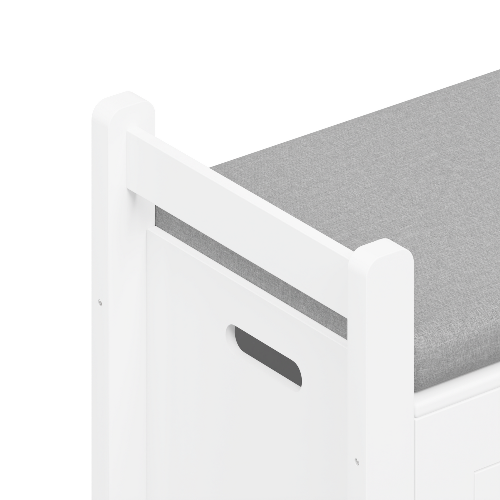 A white rubber wood children's toy box with soft cushioned seats, stools, flip covers, and safety hinges for toy storage - Korvel