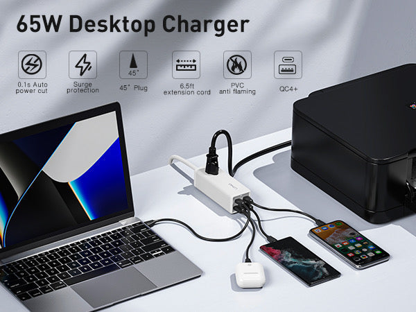 USB C Charger, MANTO 65W 5-in-1 GaN USB Charging Station, Super Fast Charger with 2 USB C Ports, 2 USB Ports and 1 Outlet - Korvel