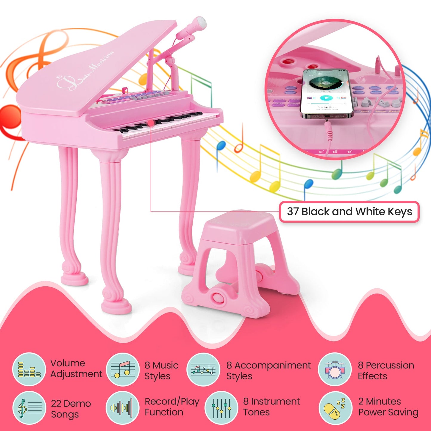 Clavier Piano pour Enfants 37 Touches avec Tabouret - Rose