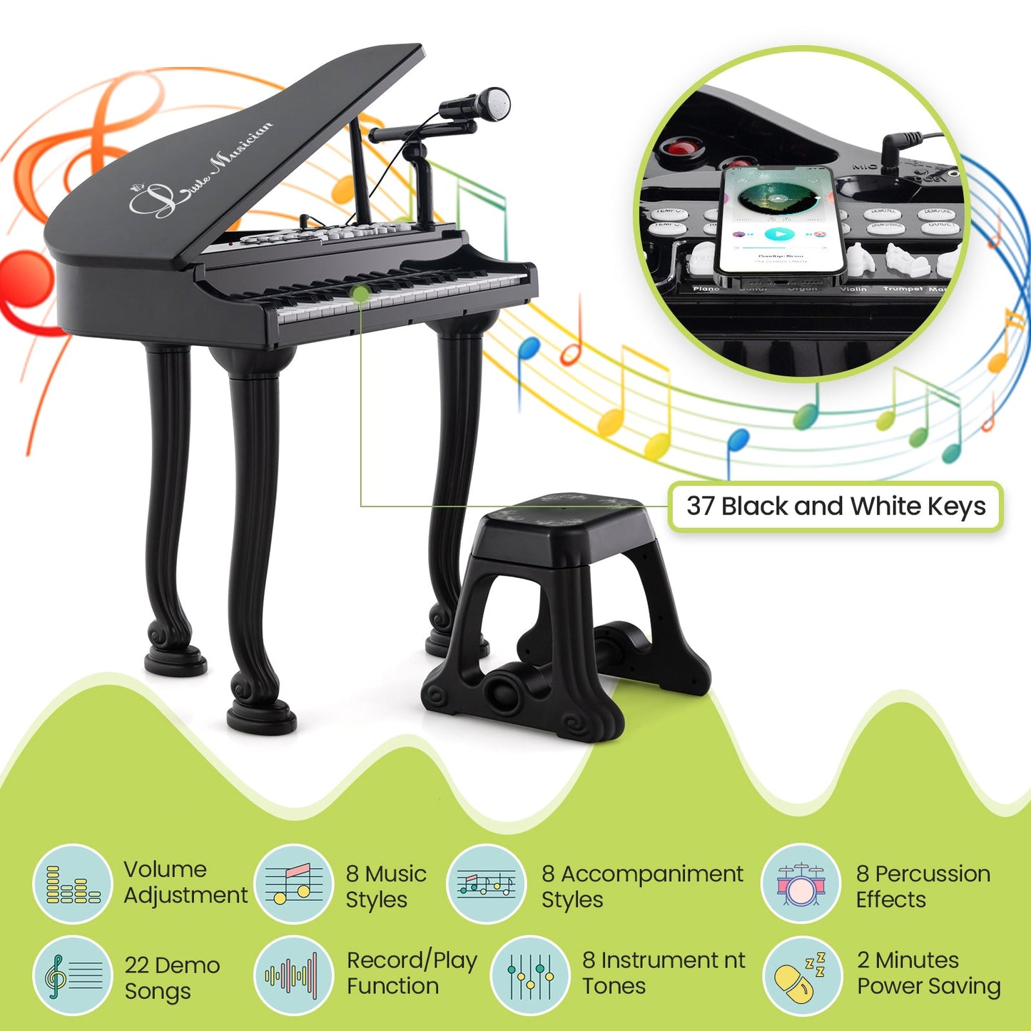 37-Key Kids Piano Keyboard with Stool - Black