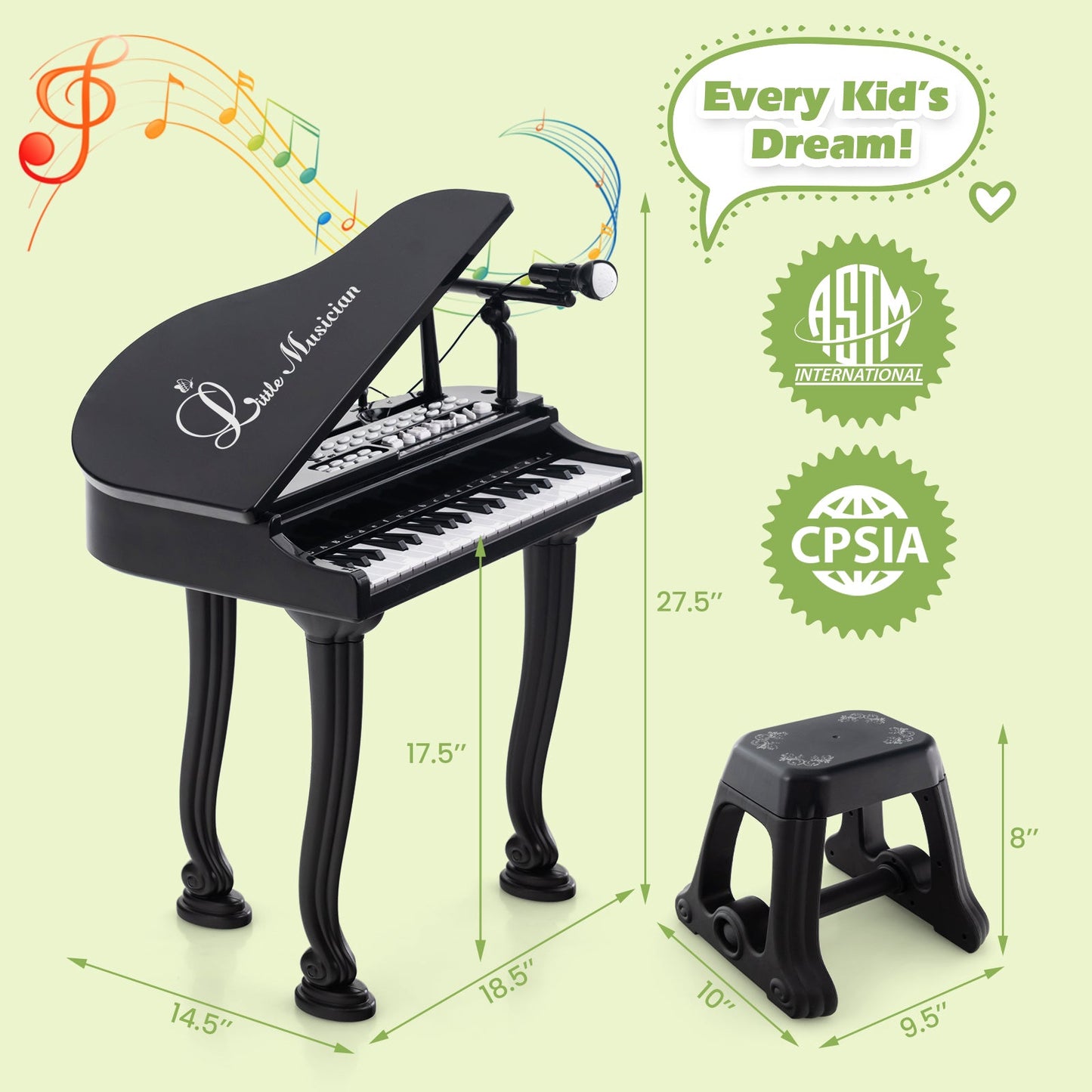 37-Key Kids Piano Keyboard with Stool - Black
