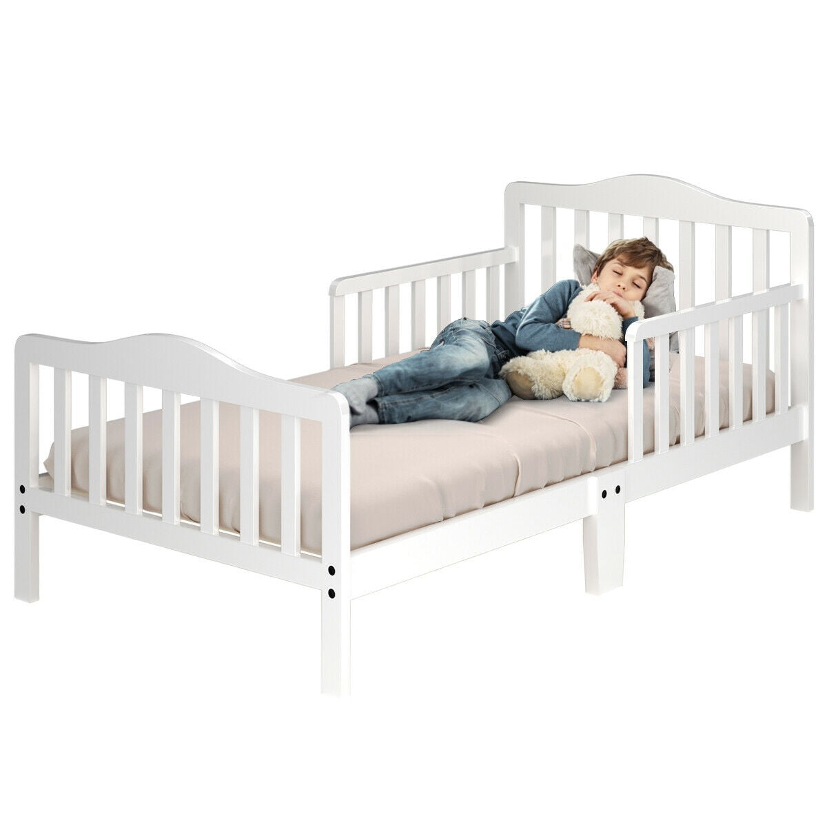 Classic Wood Toddler Bed Frame with Safety Guardrails - White