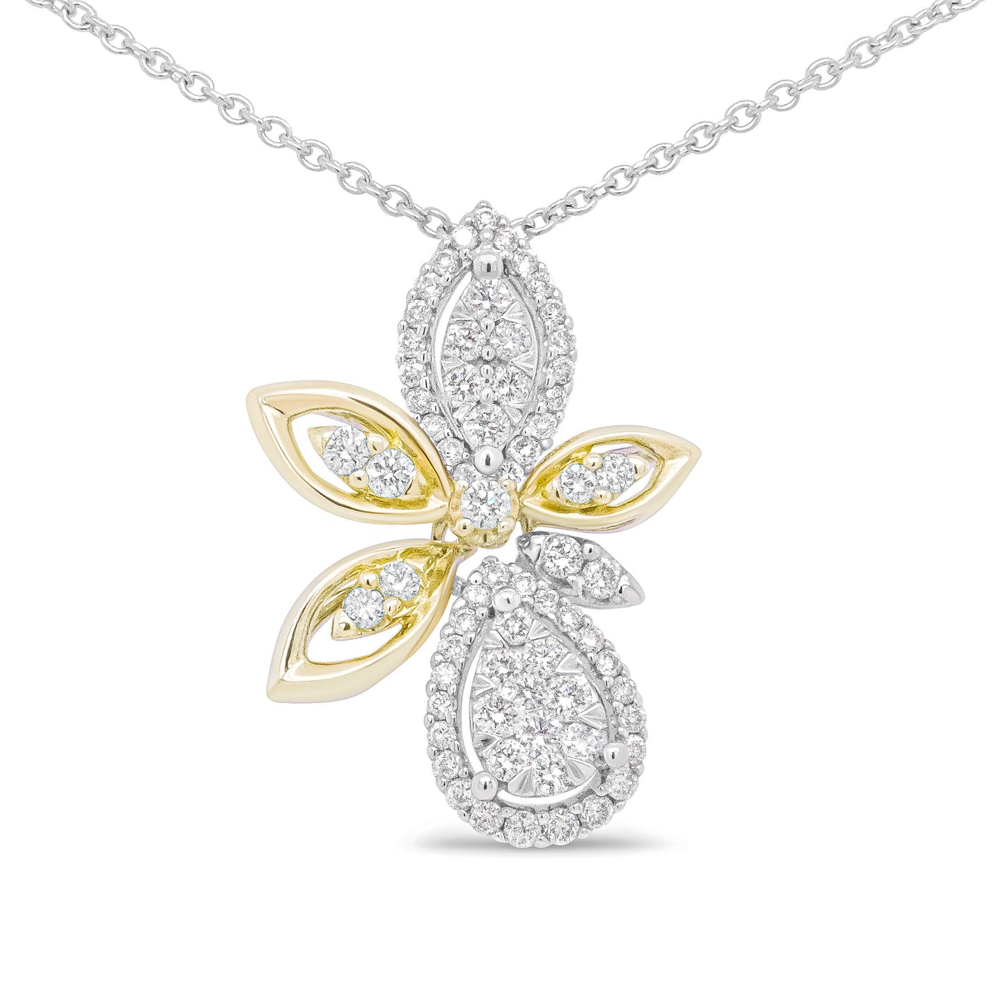 Pendentif en Diamant Floral en Or Blanc et Jaune 14K