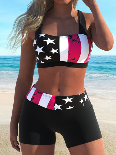 Patriotic American Flag Print Criss Cross Bikini Set