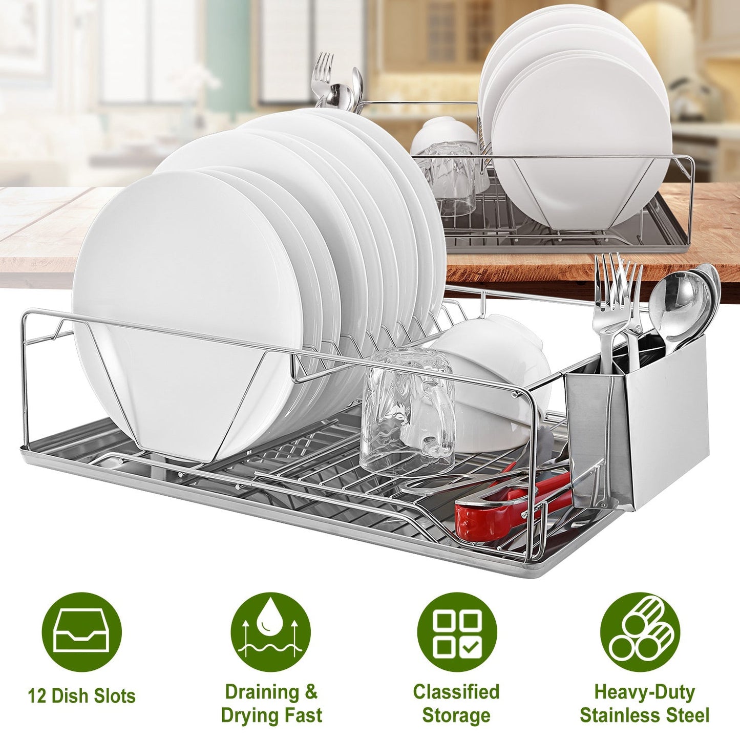 Escurridor de Platos de Acero Inoxidable Premium con Soporte para Cubiertos