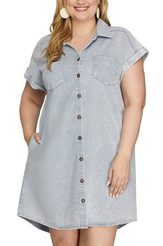 Vestido Camisero de Talla Grande en Azul Grisáceo