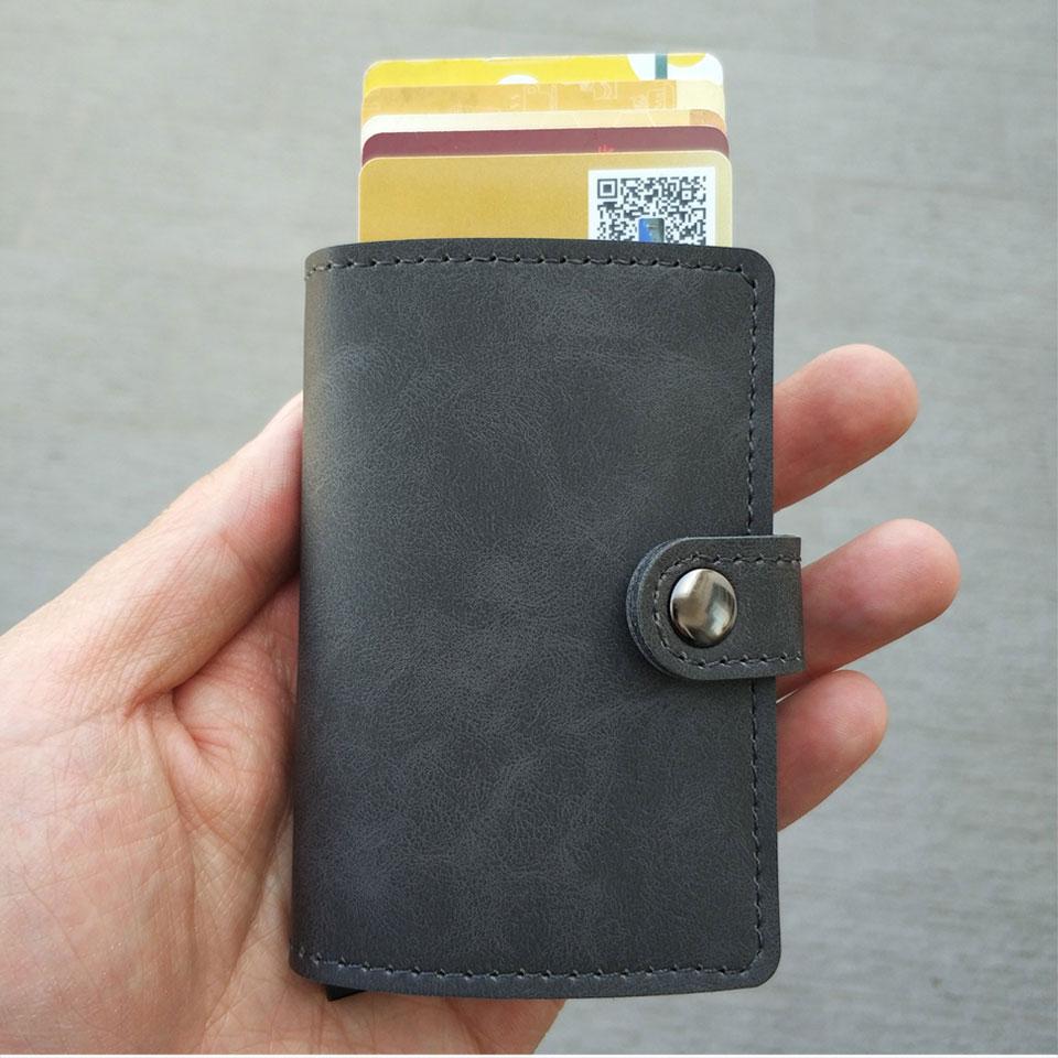 RFID Protected Vintage Automatic Leather Credit Card Holder Men Aluminum Alloy Hasp Business ID Multifunction Cardholder Wallet - Korvel