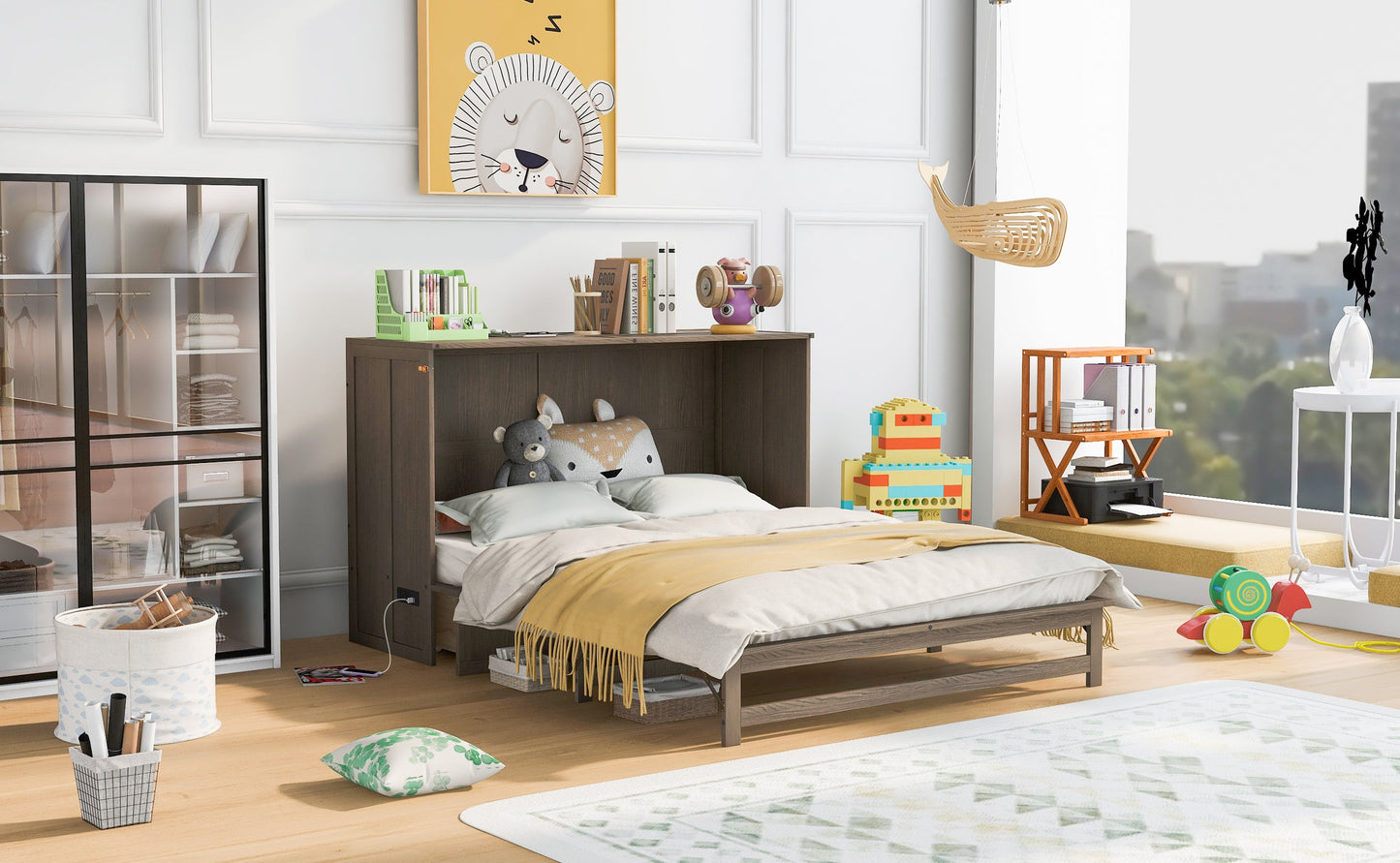Queen Size Murphy Bed with Built-In Charging Station  Antique Grey - Korvel