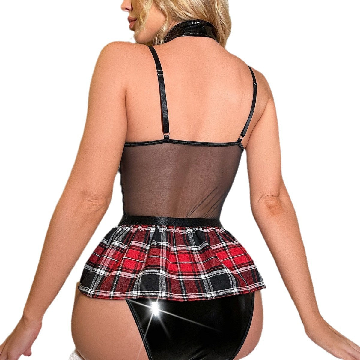 Sexy patent leather strap checkered jumpsuit lingerie, no take off uniform, small chest, pure desire to see through pajamas - Korvel
