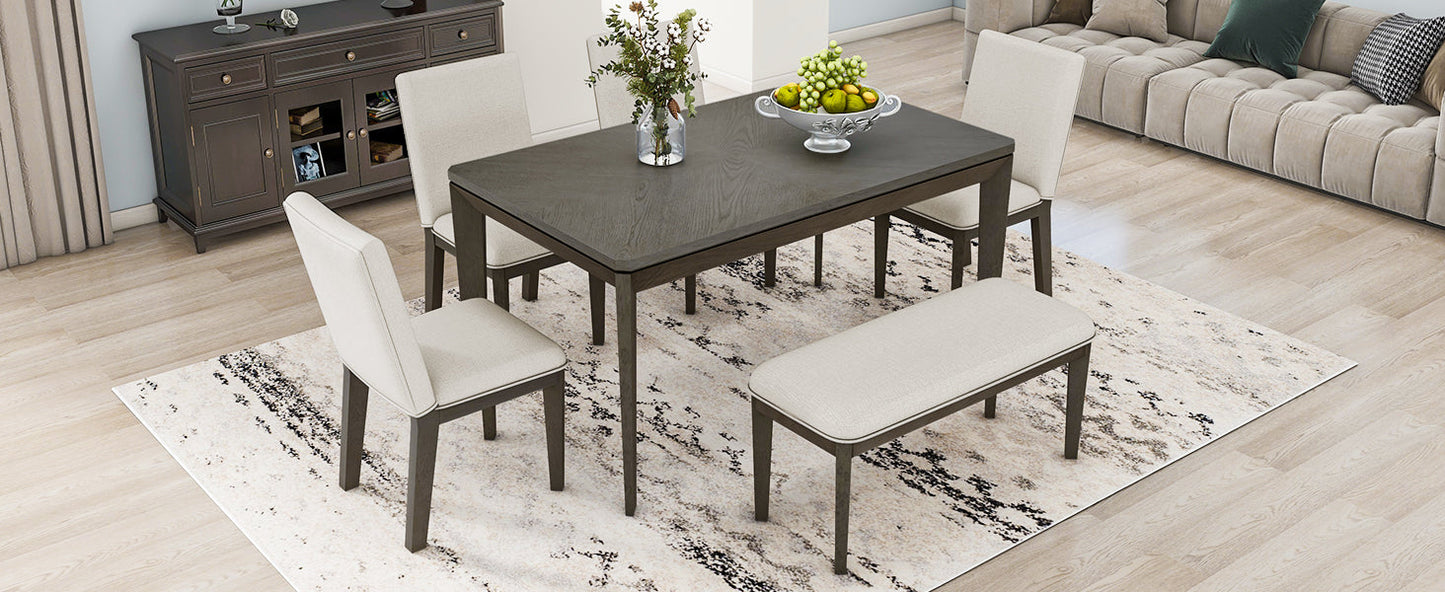 TOPMAX 6-Piece Dining Table Set with Upholstered Dining Chairs and Bench Farmhouse Style Tapered Legs Dark Gray+Beige - Korvel
