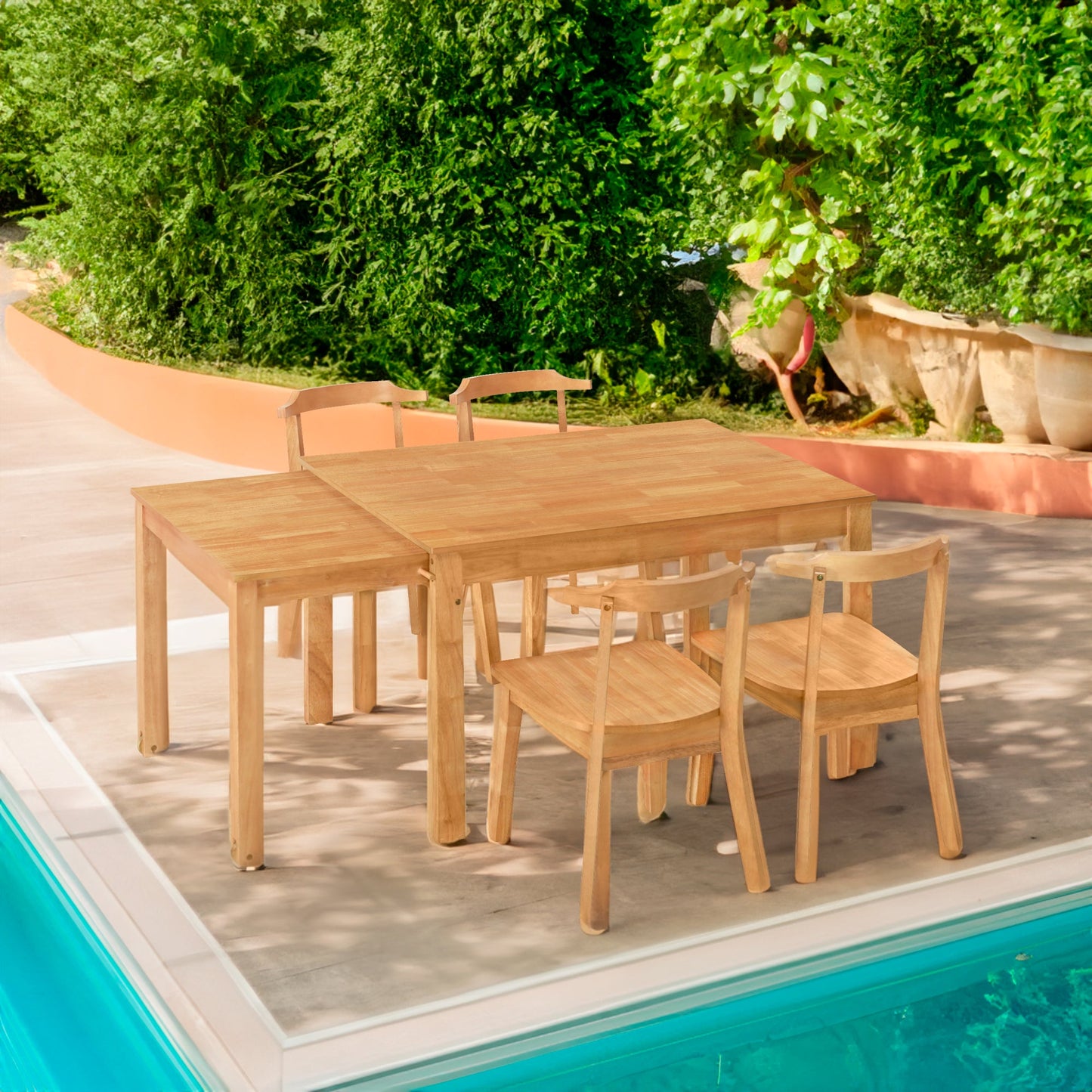 TOPMAX 65 "5-piece set with wheels, expandable dining table set, 17.7" pull-out side table and small dining chairs, natural - Korvel