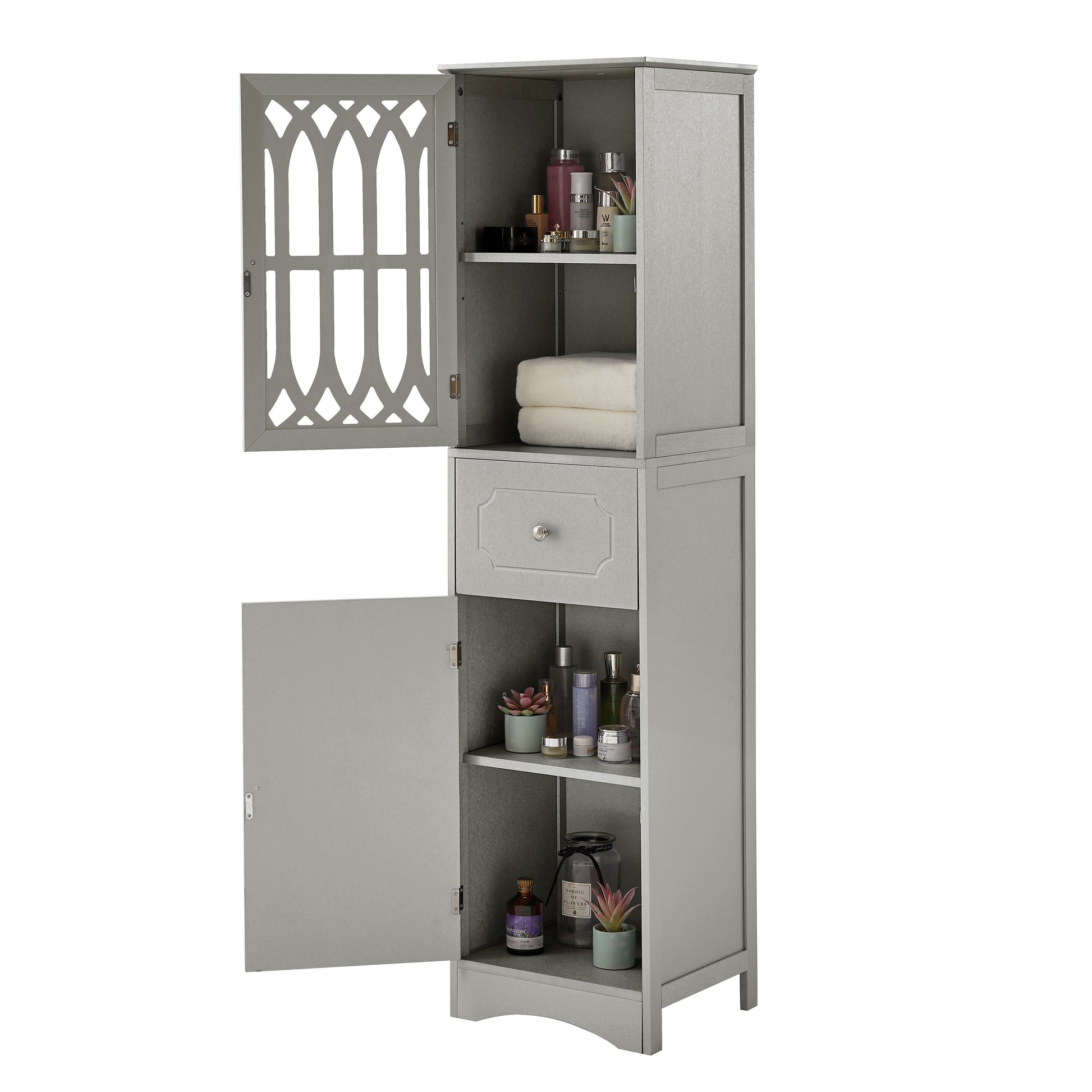 Tall Bathroom Cabinet, Freestanding Storage Cabinet with Drawer and Doors, MDF Board, Acrylic Door, Adjustable Shelf, Grey - Korvel