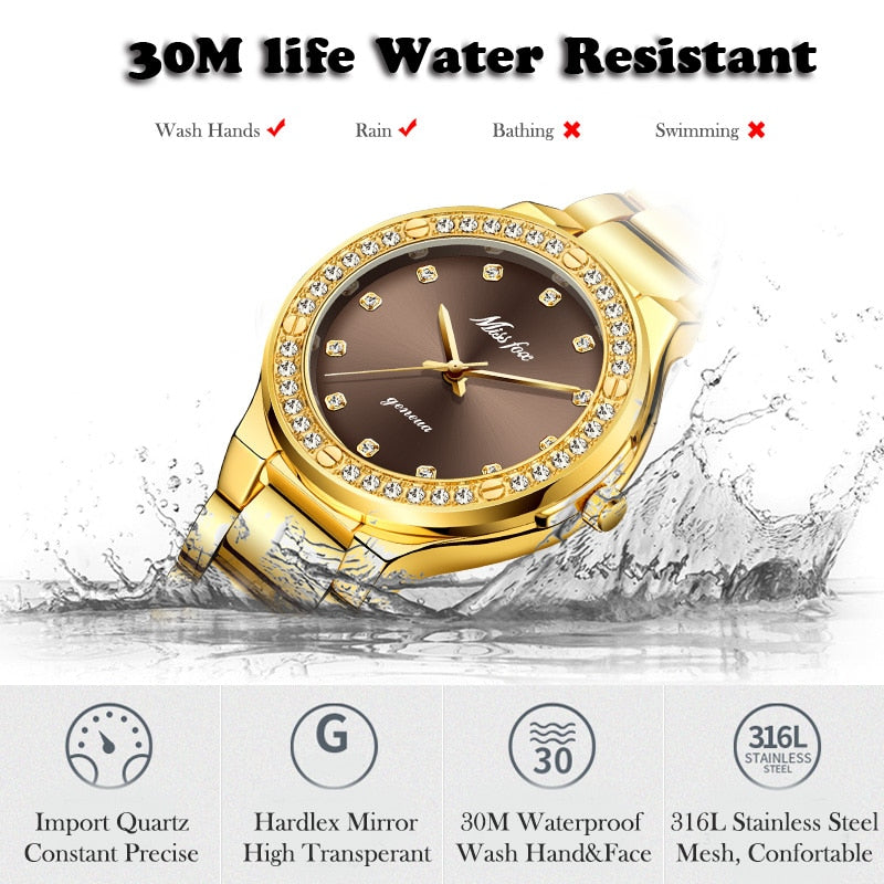 MISSFOX 2742 Elegant Woman Watch Luxury Brand Female Wristwatch Japan Movt 30M Waterproof Gold Expensive Analog Geneva Quartz Watch - Korvel